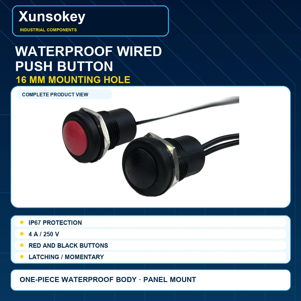 Black Underwater Push Button Switch With Cable, Latching / Momentary, IP67 Waterproof, 4A 250V, Outdoor Use