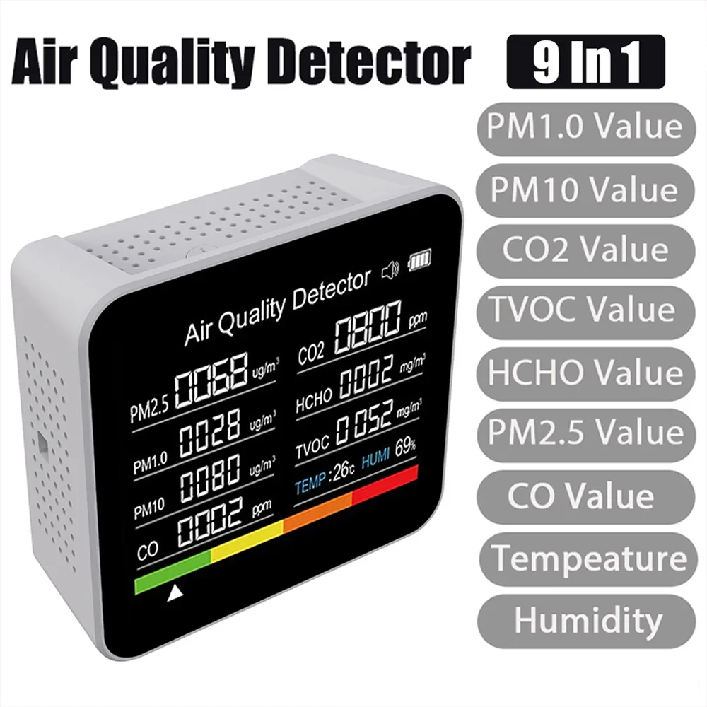 

Многофункциональный измеритель качества воздуха 9-в-1: CO2, CO, TVOC, HCHO, PM2.5, PM1.0, PM10, температура и влажность, детектор углекислого газа