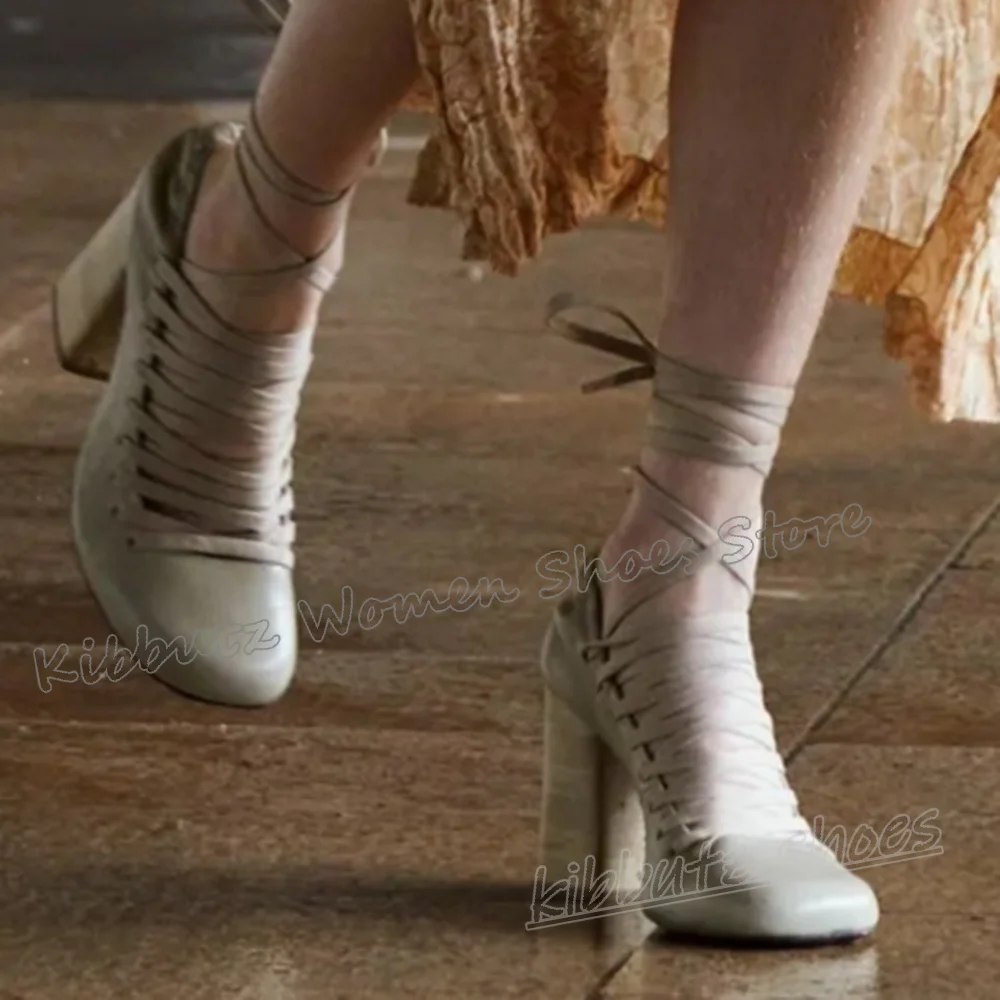 

Rome Pumps Cross Strap Lace-Up Leather Solid Color Round Toe Chunky Heel Fashion Luxury Elegant Concise Sexy Elegant Women Shoes