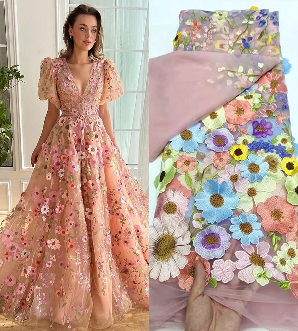 2024 The latest colorful flower lace wedding dress skirt width 130cm sell by yard