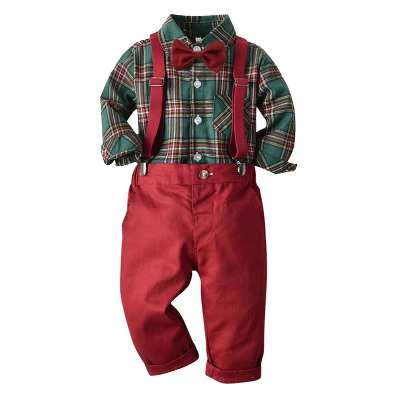 Children\'s Bow Turn Down Collar Plaid Long Sleeves T Shirt and Overalls Set Boys Party Performace Clothing