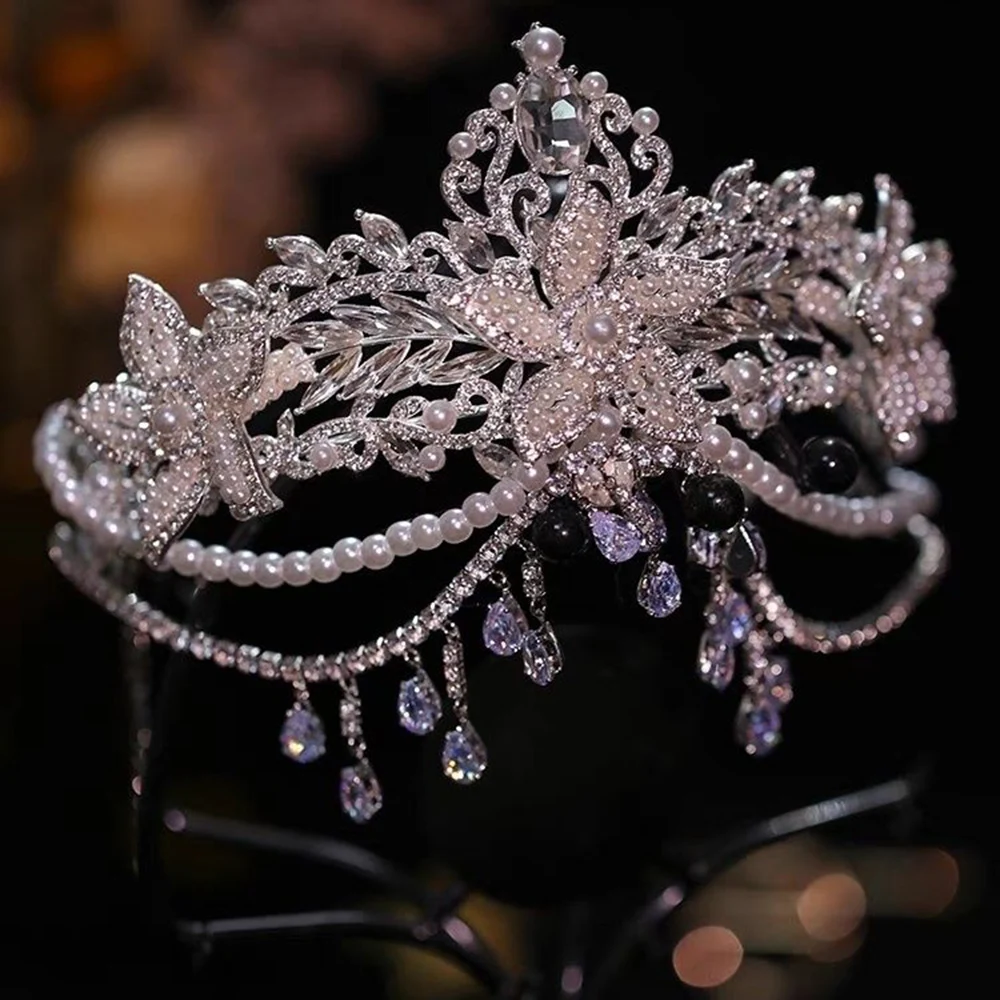 New Luxury Wedding Hair Tiara Crystal Pearl Flower Bridal Crown Diadem Tiaras Headband Hair Accessories Headpieces Head Jewelry