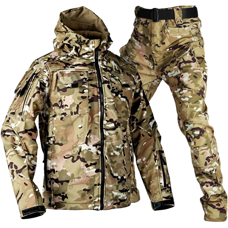 Winter Cargo Sets Men Outdoor Fleece Warm Hooded Jacket+Multi-pocket Straight Pant 2 Pcs Suits Black Camo Waterproof Set