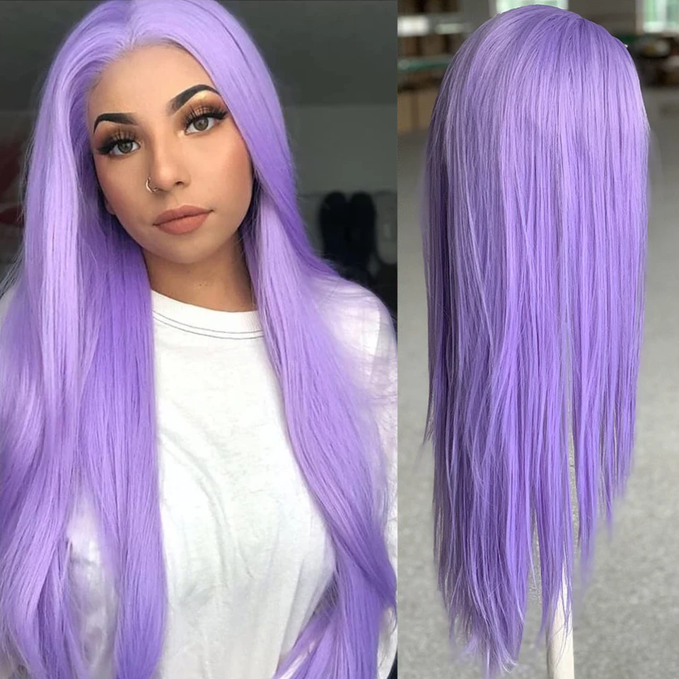 

200 Density Transparent Straight Purple Lace Front Wig Peruvian Remy Hair Purple Colored Human Hair Wigs For Women Pre Plucked