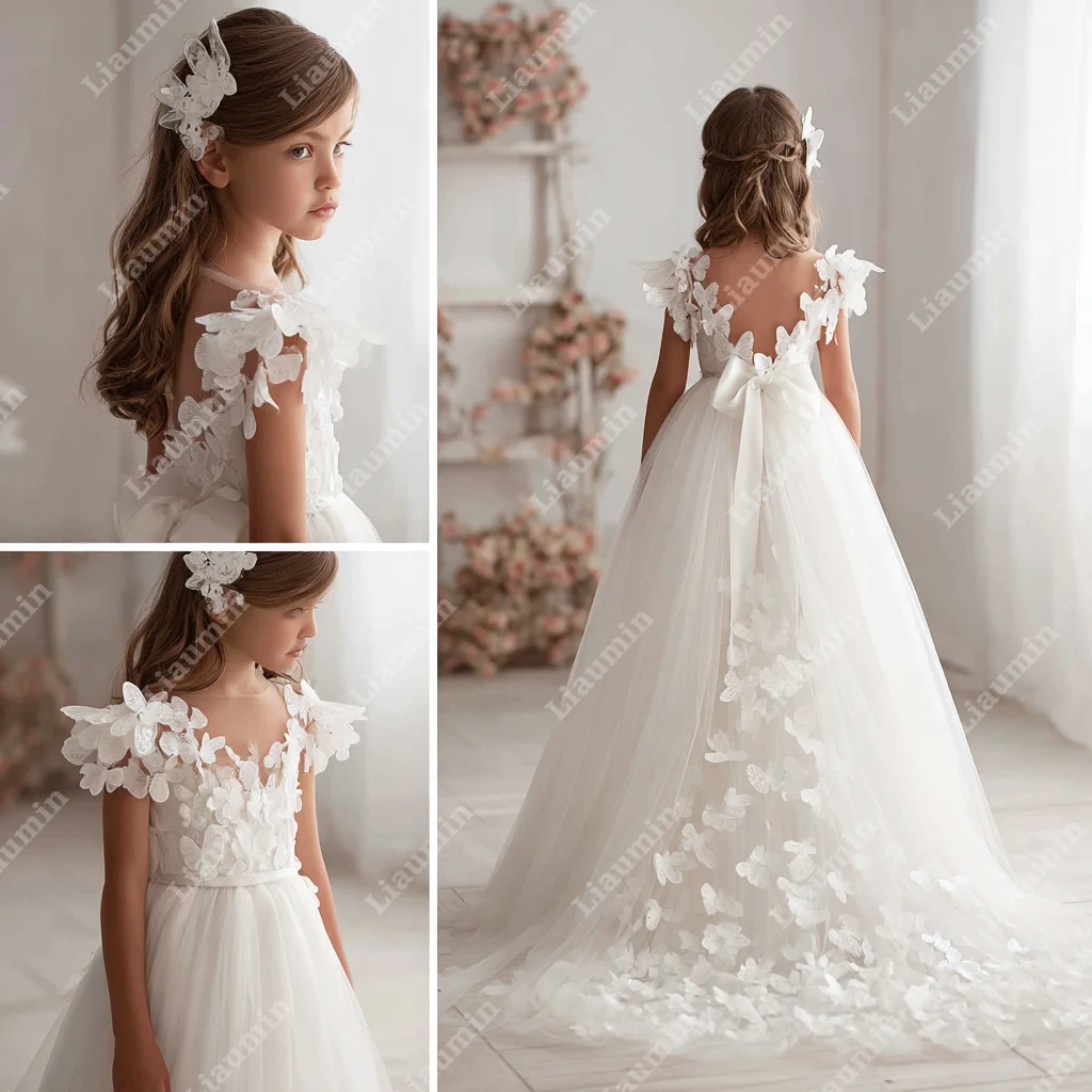 

Flower Girl Dresses Butterfly Applique Cap Sleeve Princess First Communion Gowns Brithday Pageant Skirt Customized Made W1.1.34