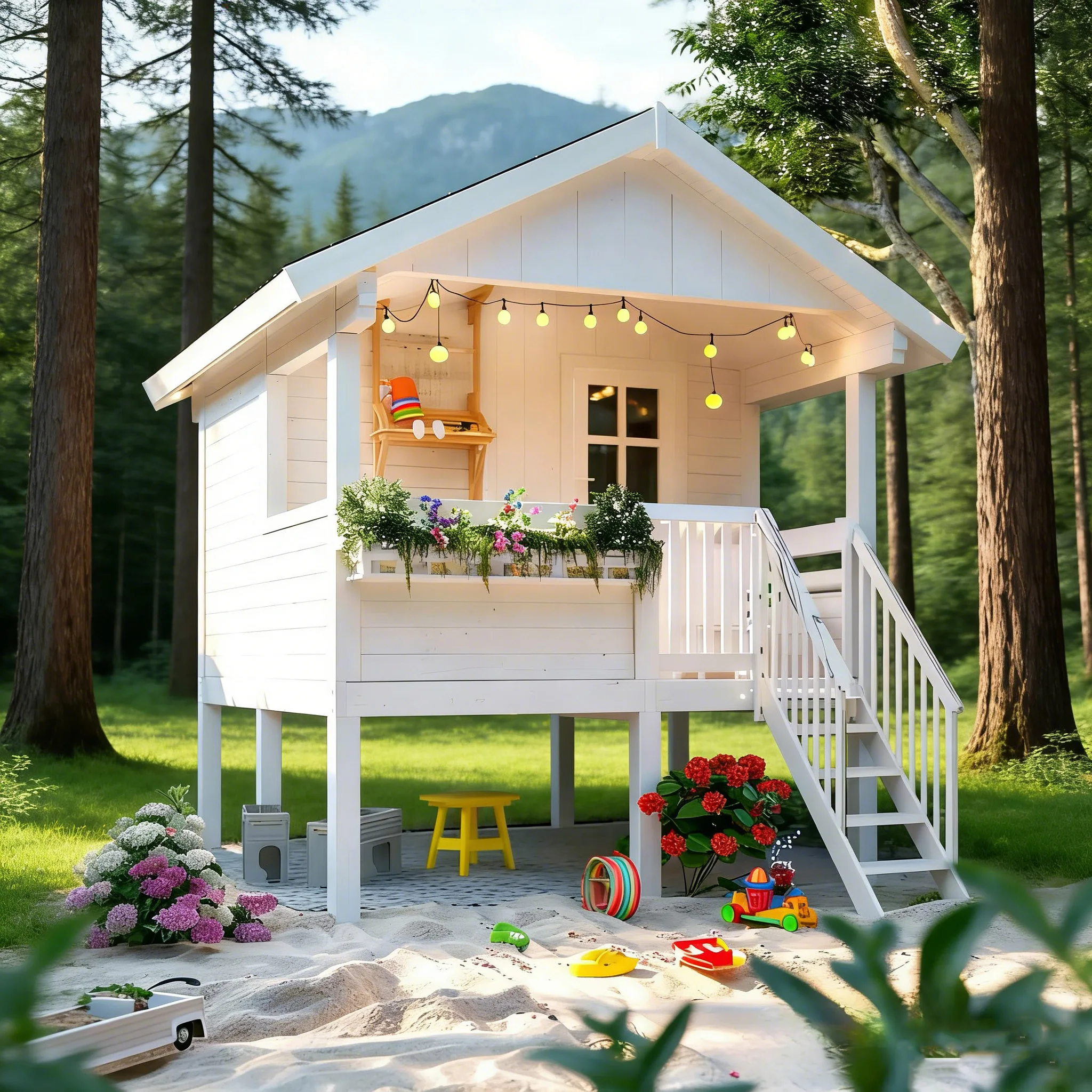 White Log Cabin Kids Wooden Play Structure Garden Room Tiny House for Outdoor Spaces