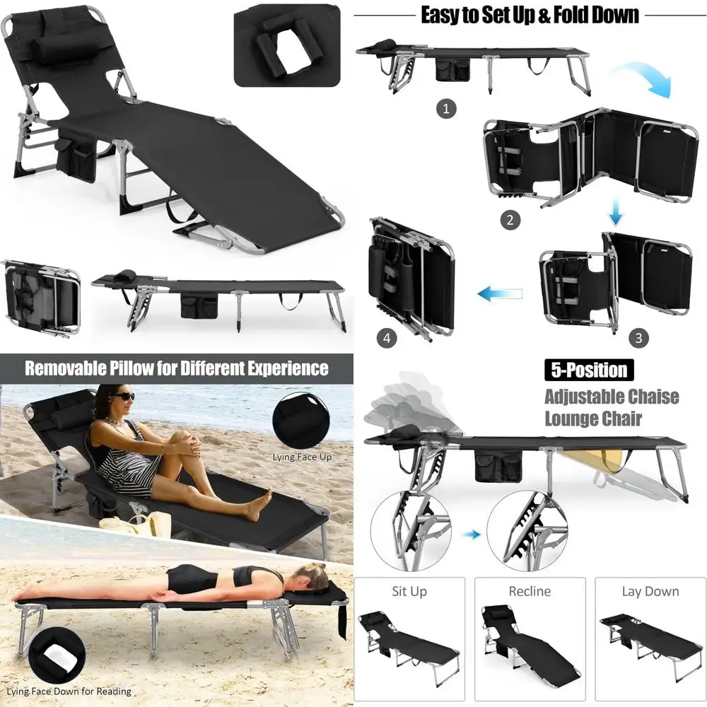 

Outdoor Chaise Lounge Chair with Face and Arm Holes, Detachable Pillow, Adjustable Backrest, Side Pocket, Carry Handle, Ideal fo