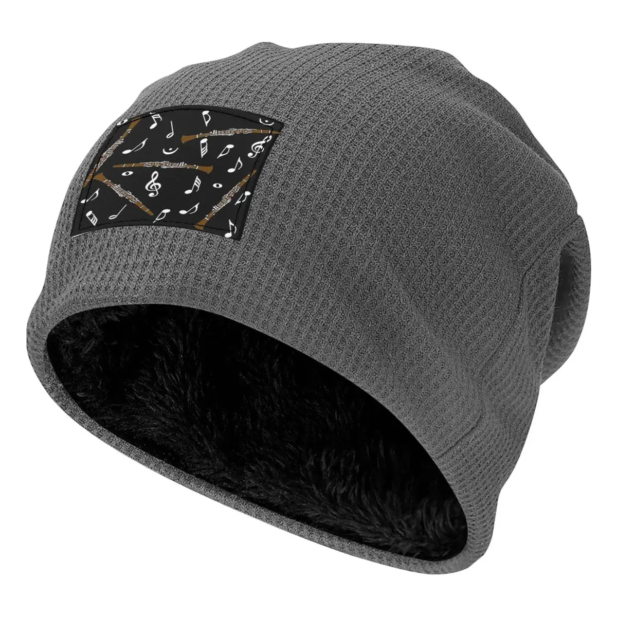 Clarinet Music Note Pattern Waffle Knit Fleece Lined Beanie with PU Leather Patch Unisex Warm Winter Soft Cap