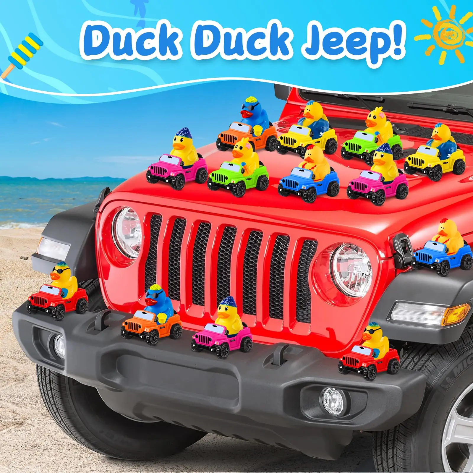 24 szt. letnich gumowych kaczek Jeep Ducks, letnich gumowych kaczek plażowych, 3,5-calowych kaczek Jeep Ducks do duckingu, jeepów dla 2-calowych kaczek, 12 Su