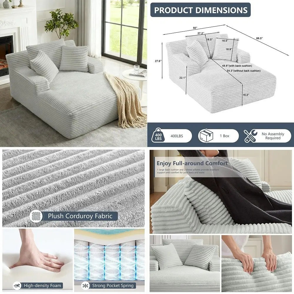 

89 inch Sofa Modern Comfy Couch with Extra Deep Seats, 3 Seater for Living Room, Grey Corduroy
