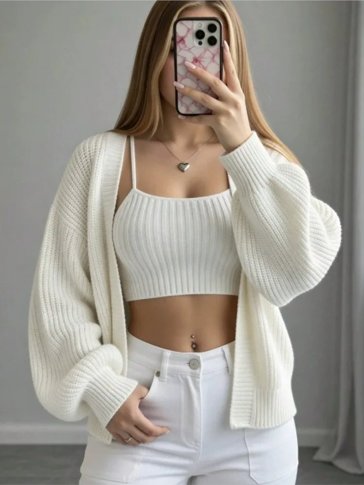 Women's Clothing Loose V-neck Knitted Cardigan New Sweater Jacket Top Solid Color Long Sleeves Simple Style All-match Homewear