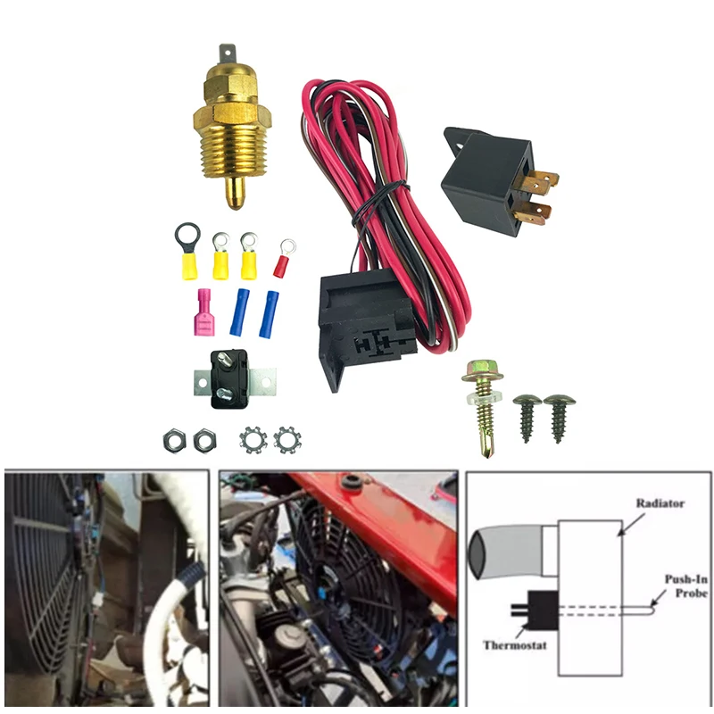 175-185 Degree Electric Cooling Fan Thermostat Kit Temperature Sensor Temperature Switch 12V 50A Relay Kit Universal