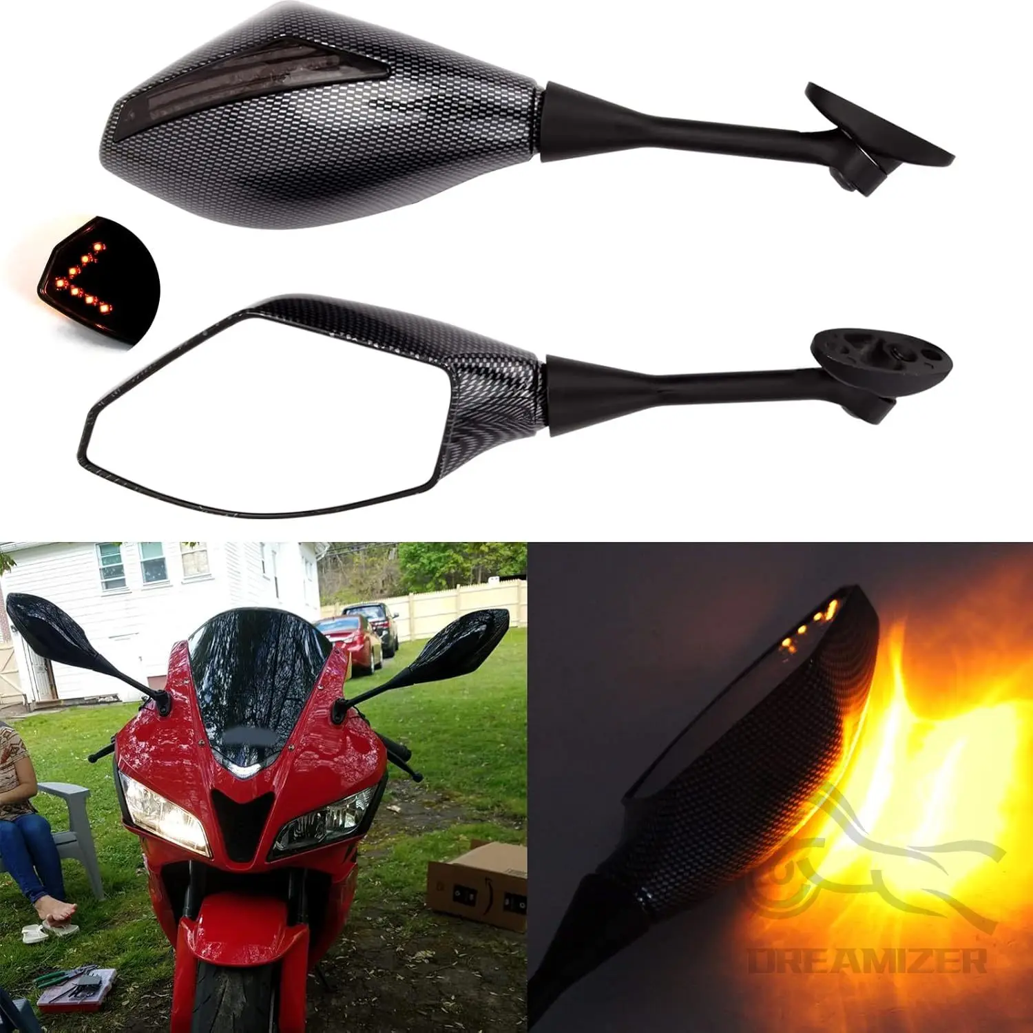 Motorcycle LED Turn Signal Rear View Mirrors For 2011 2013 Honda CBR250R CBR 600 RR Carbon Fiber Smoke Len