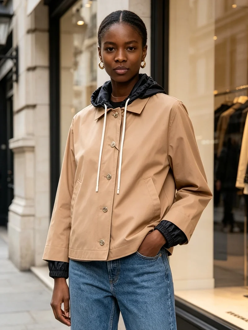 Women's Hooded Jacket Casual Buckle Style Short Windbreaker Drawstring Hat Windproof Jacket Reversible
