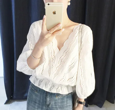 

Ele кружевной ажурный женский топ, летний новый студенческий свободный крой, защита от солнца, белый утягивающий шифоновый кружевной топ irt