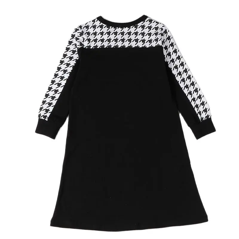 Girls Dress Kids Clothes Long Sleeves Cotton Children Clothing Dress Black Houndstooth Girls Clothes Casual Long Preppy Style