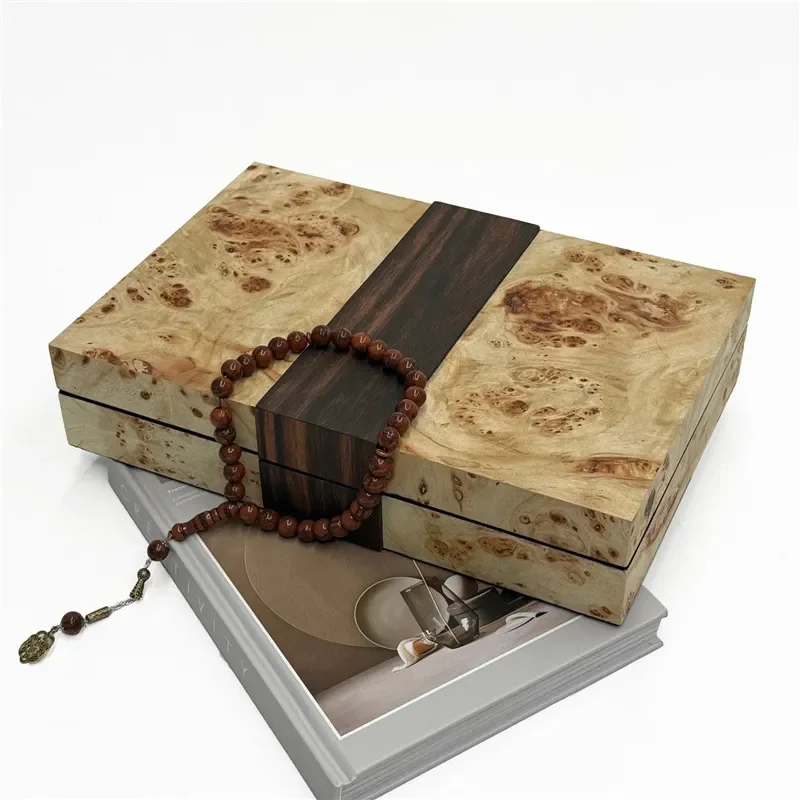 Vintage Solid Wood Jewelry Box Chinese Retro Style Desktop Storage Organizer Natural Burl Veneer Trinket Case Home Decor Gift
