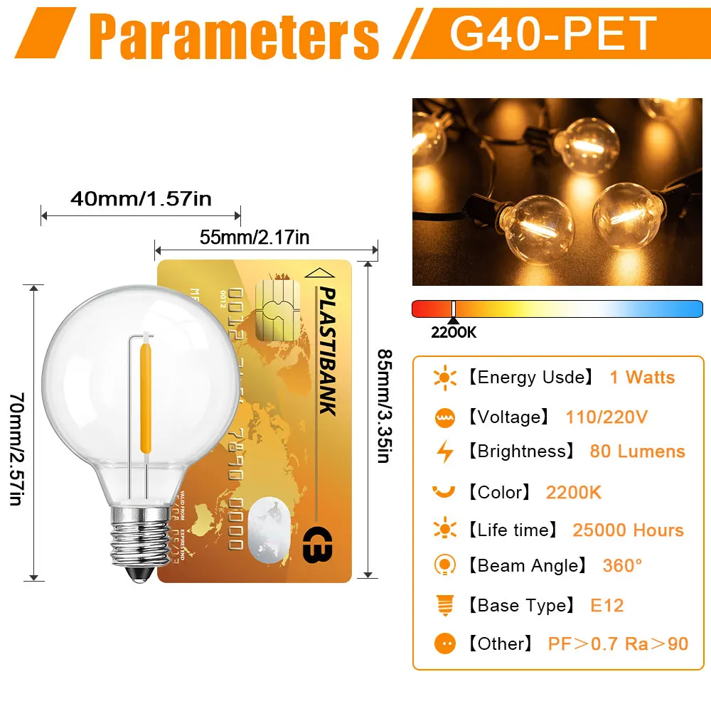 Shatterproof G40 Globe Bulb E12 220V 110V LED Replacement Light Lamp 2200K 1W Bulbs for Indoor Outdoor String Light Party Patio