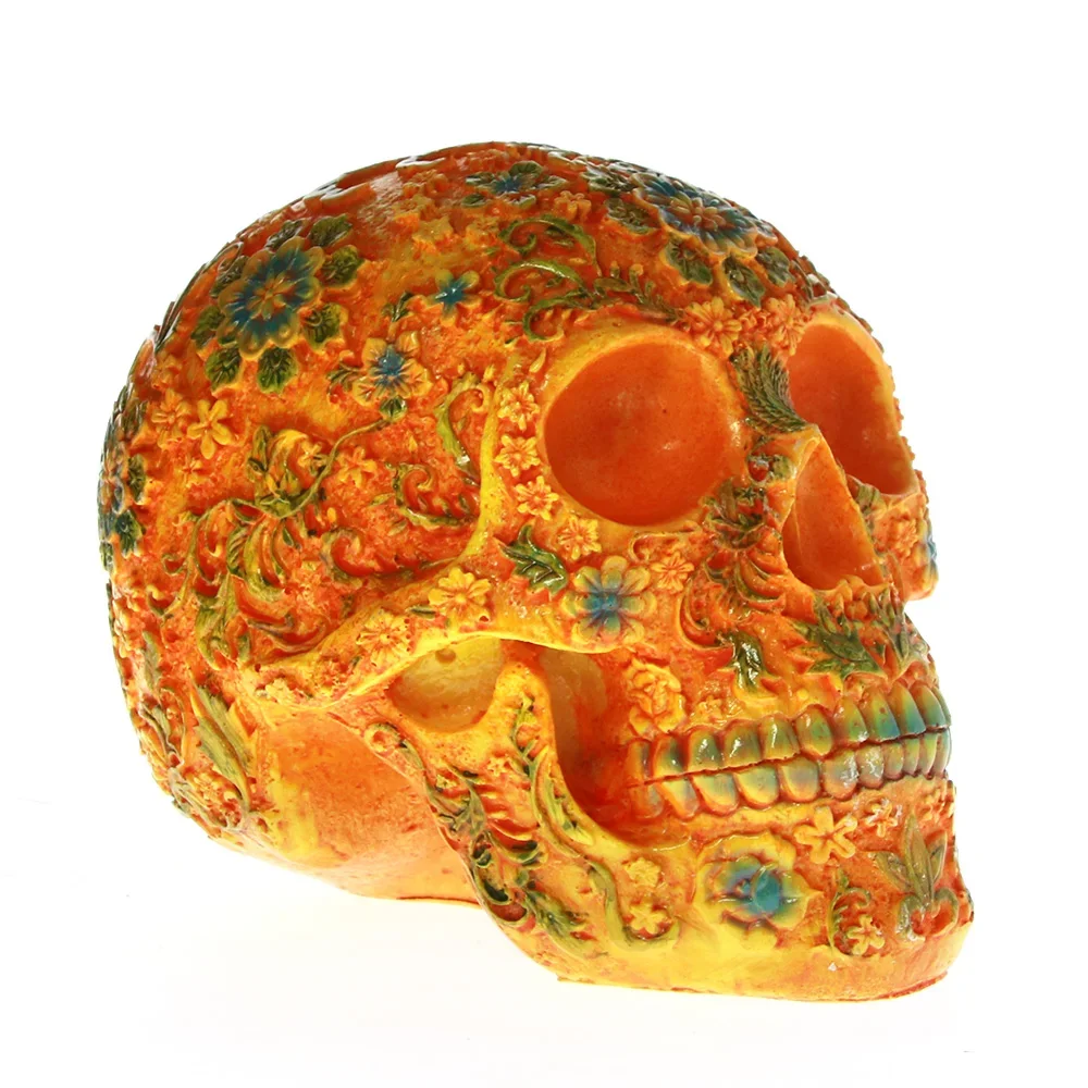 MGT-Mexican Day of the Dead Floral Carved Skull Head Resin Figurine, Orange Sugar Flower Skull, Halloween Sculpture
