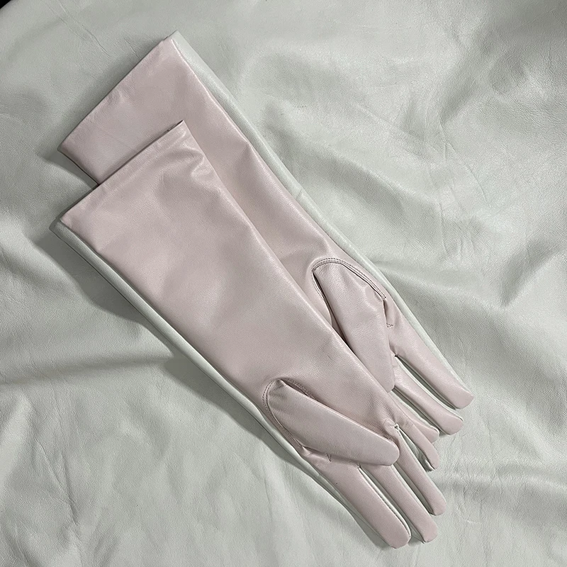 Genuine Sheepskin Gloves Ladies' Long Leather Gloves Pink White Elbow Gloves Fashion Trimming Arm Gauntlet Color Matching