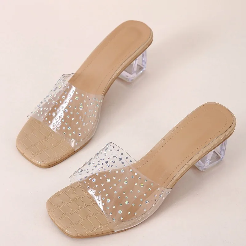 Zapatillas de tacón alto para mujer, zapatos de tacón de cristal, prendas de vestir con diamantes, línea recta, a la moda, novedad de verano, 2023