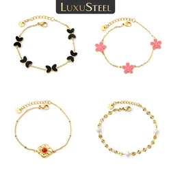 LUXUSTEEL Snowflake Dainty Imitaiton Pearl Golden Color Stainless Steel Bracelet Women Flower Charm Chain On Hand