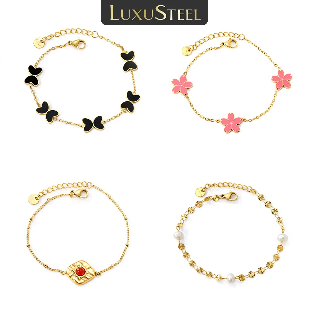 LUXUSTEEL płatek śniegu delikatna sztuczna perła złoty kolor bransoletka ze stali nierdzewnej damski kwiatowy łańcuszek z zawieszką na dłoni