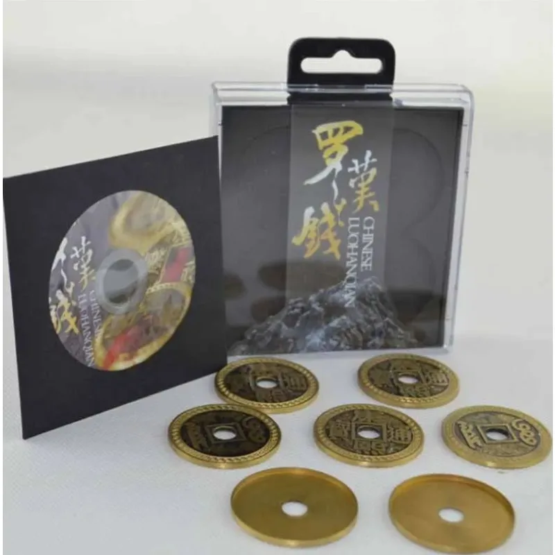 LuohanQian Chinese Coin Set 5 Coins+2 Shells (Gimmick Coin) Magic Tricks Appearing/Vanish Close Up Magic Props Magician Illusion