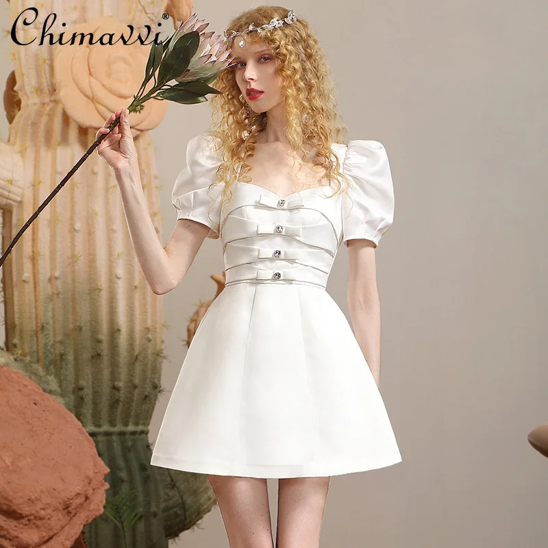

French Style Elegant Simple White Engagement Party Dresses Square Neck Puff Sleeve Bow High Waist A-line Short Dress for Women