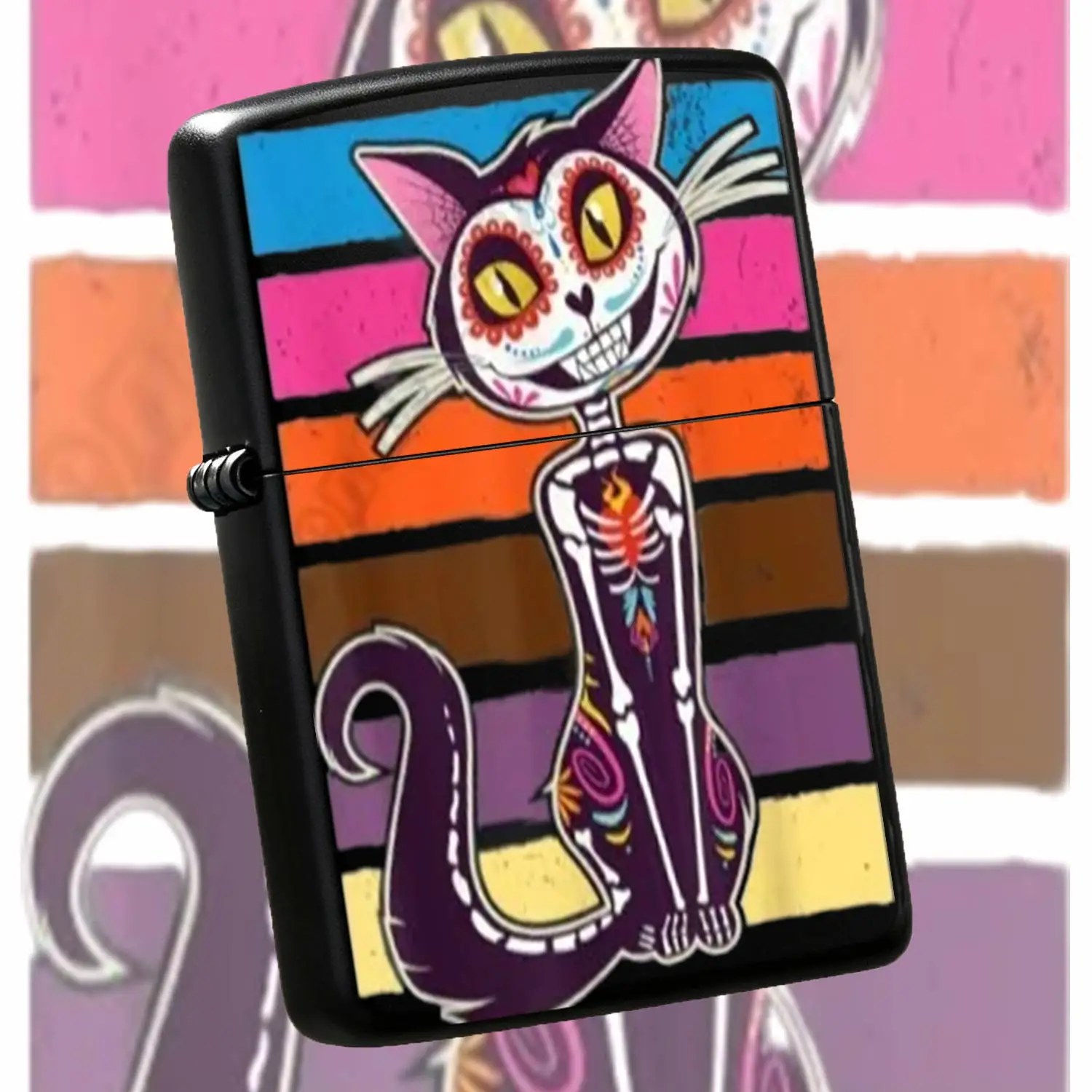 Creative Day Of The Dead Sugar Skull Cat Lighter, Retro Striped Background Stylish Portable Accessory, Durable Practical Decor For Daily Use, Holiday Gifting Unique Fun Collectible, Fits Multiple Scenarios Delightful No A Humorous And Inter