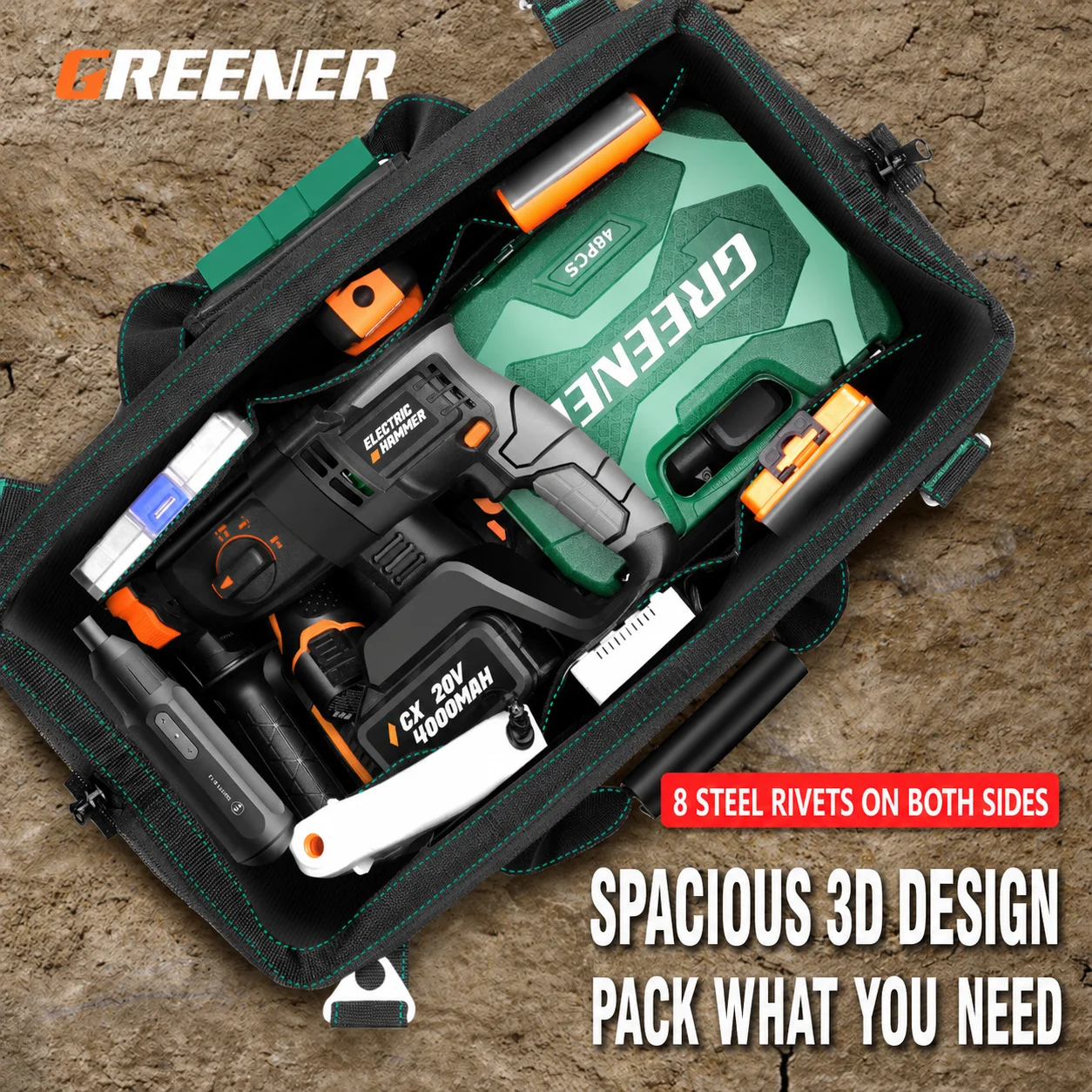 GREENER Heavy Duty Tool Bag with Hard Molded Base, Waterproof 1680D Oxford Large Capacity Organizer with Shoulder Strap