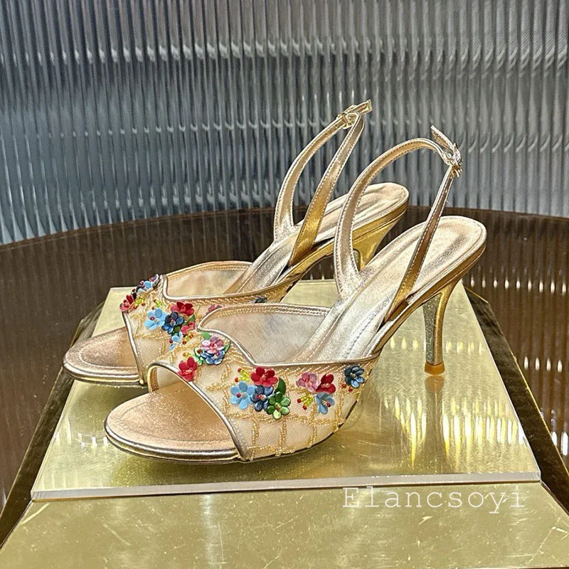 Summer women's high-heeled sandals adorned with beaded flowers featuring a slim-fitting design ideal commuting and office wear
