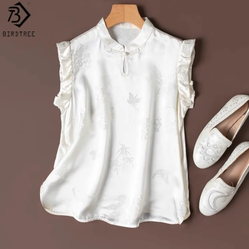 

Birdtree летний однотонный жилет из 100% тутового шелка, женское жаккардовое однотонное атласное пальто без рукавов с воротником-стойкой, новинка 2025 года T57316JF