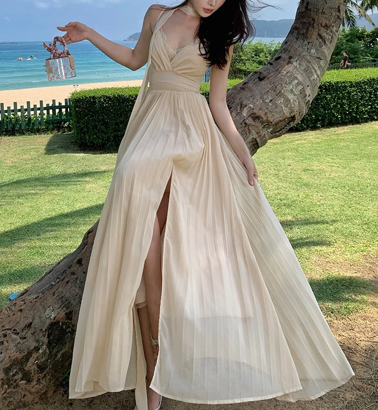 

Apricot Split Pleated Dress Women Halter Sleeveless Elegant Summer Vacation Vestidos Bodycon Strapped Clothing Lady
