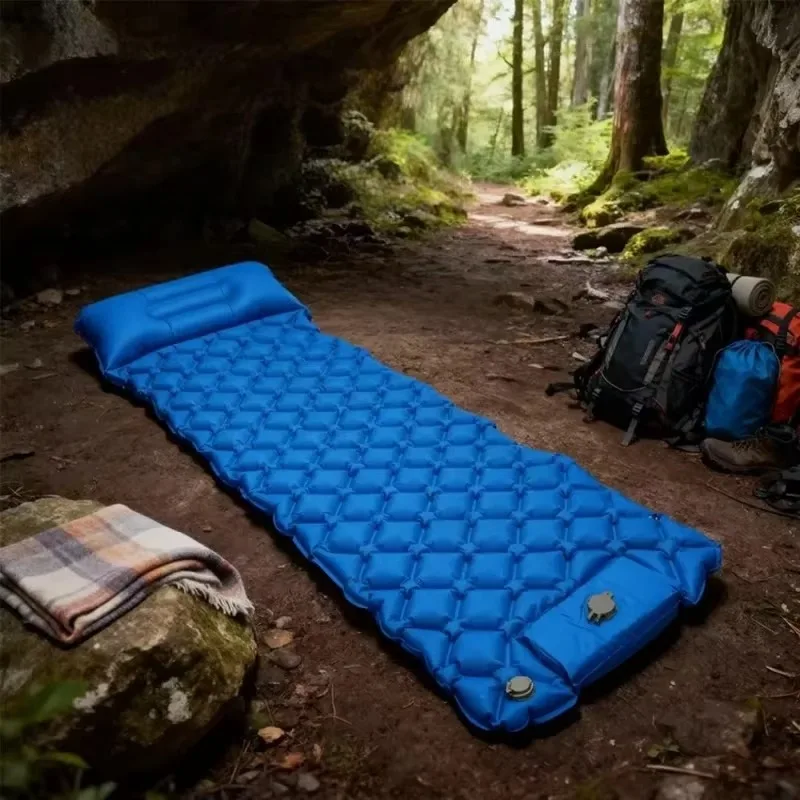 Outdoor Self-Inflating Pump Air Mattress, Single Blue Thickened Camping Air Pad, Length 74.8inch, Hiking Mountaineering Camping