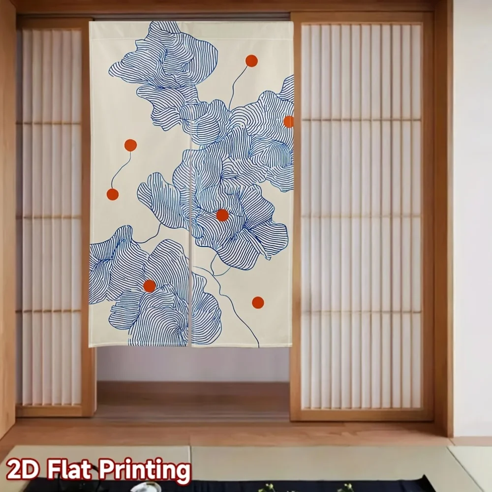 Blue Leaves Abstract Noren Door Curtain - 2D Flat Print Room Divider Hanging Drape for Festive Home Decor Creative Gifts