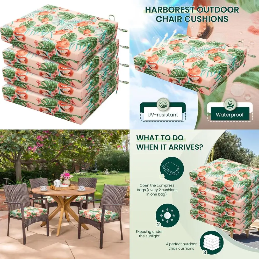 

Набор из 4 водонепроницаемых квадратных подушек для патио с завязками, 18,5x16x3 дюймов, узор фламинго