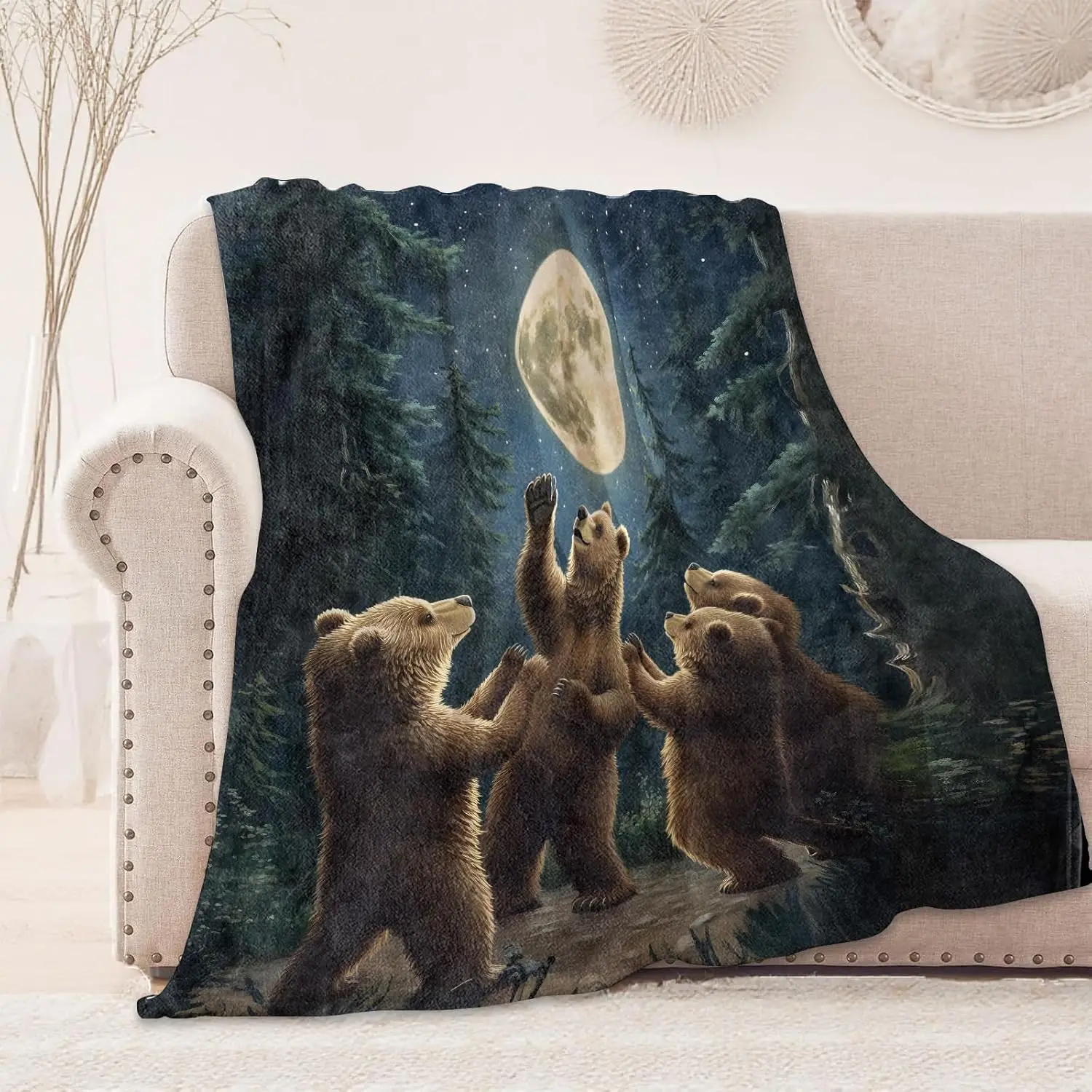 Woodland Bear Family Moon Night Forest Tapestry Blanket Throw Rustic Nature Art Home Decor Gift Cozy Aesthetic