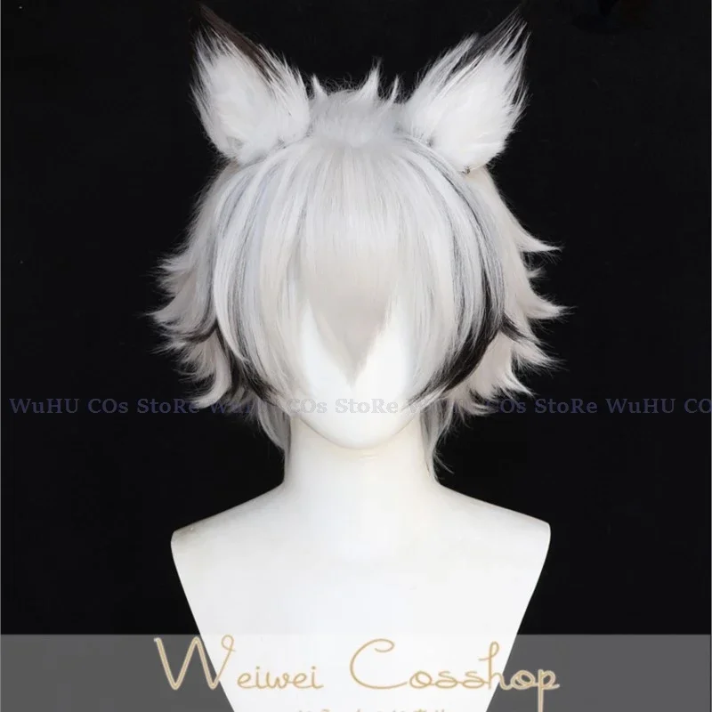 Von Lycaon Cosplay Wig Mask Game Zenless Zone Zero Victoria Housekeeping White Black Hair Ears Face Shield Wig Cap Accessories