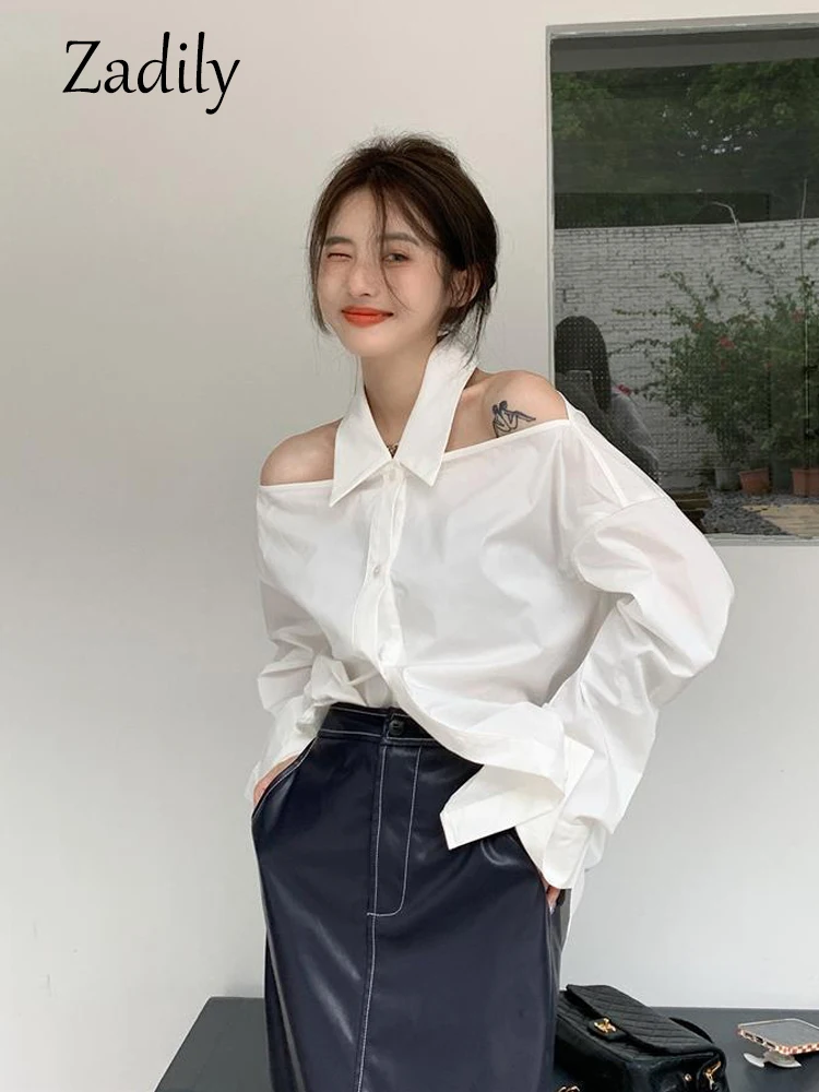 Zadily 2023 Summer Long Sleeve White Shirt Women Korean Style Off The Shoulder Button Ladies Tunic Blouse Female Clothing Tops