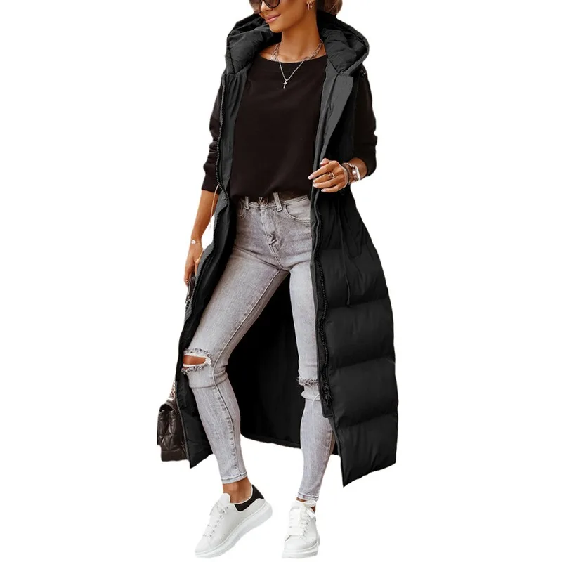 Winter New Parkas Vest Coat Women\'s Fashion Solid Cardigan Zipper Long Parkas Women\'s Casual Sleeveless Hooded Pocket Vest Coat