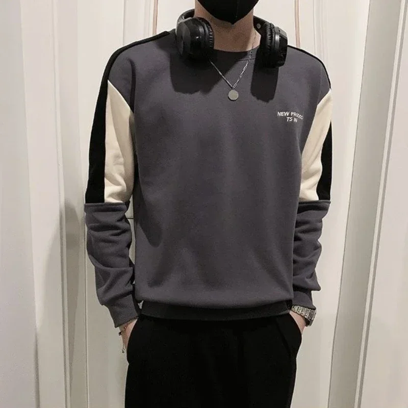 Tops Pullover Round Neck T Shirts for Men Spliced Male Clothes Baggy Embroidery Full Sleeve Fashion Trends 2024 Korean Autumn It image 4