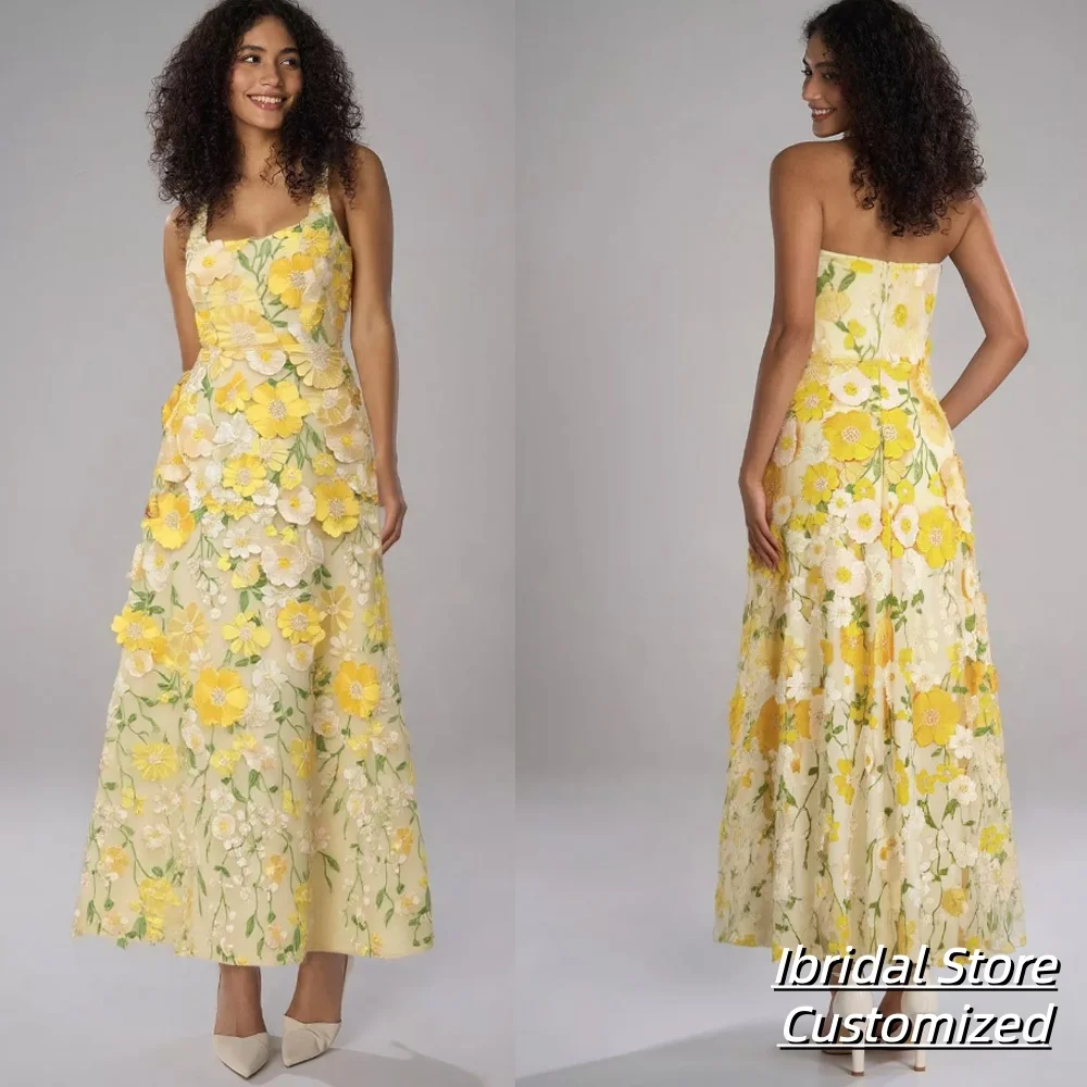

Customized Yellow Prom Dress Evening Dresses Woman Elegant Party Dresses Flowers Fabric Special Occasion Dress