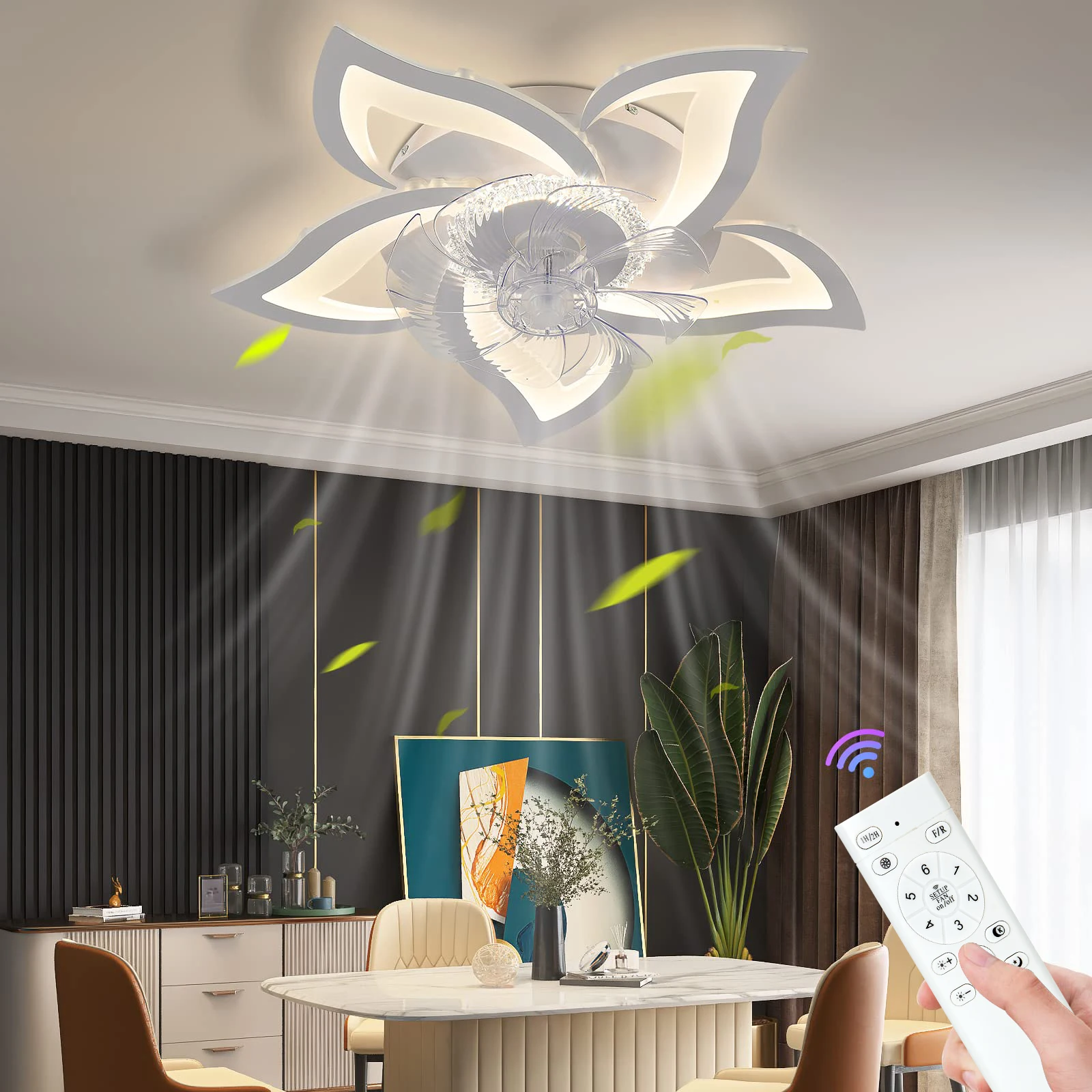 Lotus LED Ceiling Fan Lamp Nordic Acrylic Smart Electric Fan with Light Silent and Timer Bedroom Study Home Ceiling Fan Lamp