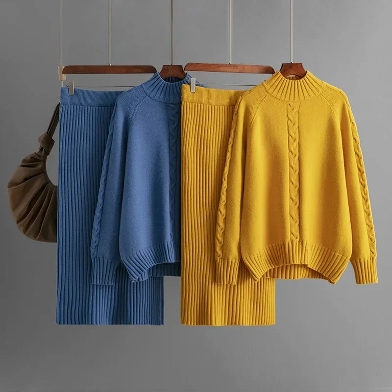 Autumn Winter Sweater Women Loose Knitted Half Turtleneck Long Sleeve Threaded Pencil Midi Skirt Fashion Women Two-piece Sets