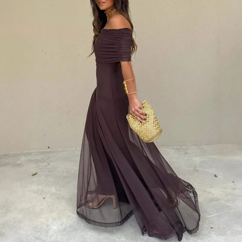 Vestidos de fiesta de malla con hombros descubiertos para mujer, vestido largo plisado liso sexi sin tirantes, vestido bohemio hueco con espalda descubierta para verano