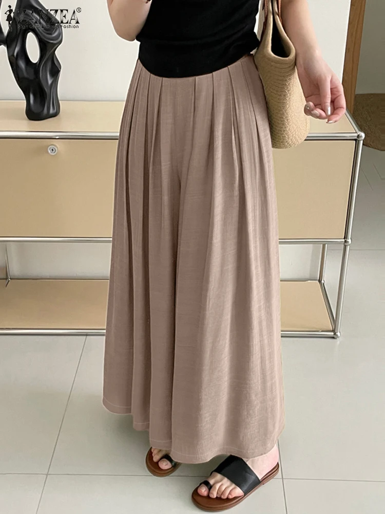 ZANZEA Mode Koreanischen Stil Hosen Frauen Herbst 2024, Feste Gefaltete Breite Bein Hosen Elastische Taille Lose Beiläufige Retro Palazzo