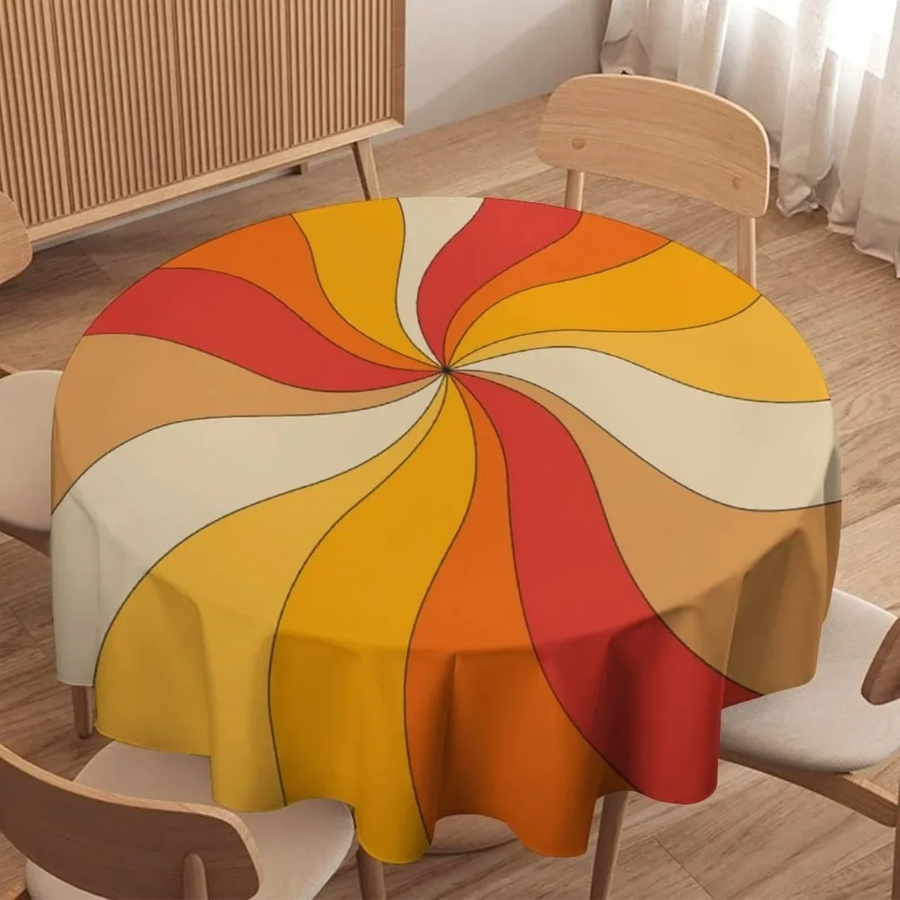 Retro Groovy Swirl Round Tablecloth 60s 70s Boho Geometric Sun Mid Century Hippie Rotating Spiral Water Resistant Cover
