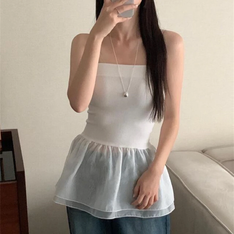 Spring Sleeveless Tops Women Slash Neck French Sle Temperament Single Wear Inner Wear Frill Tube Top Vest Design Sense Tank Top