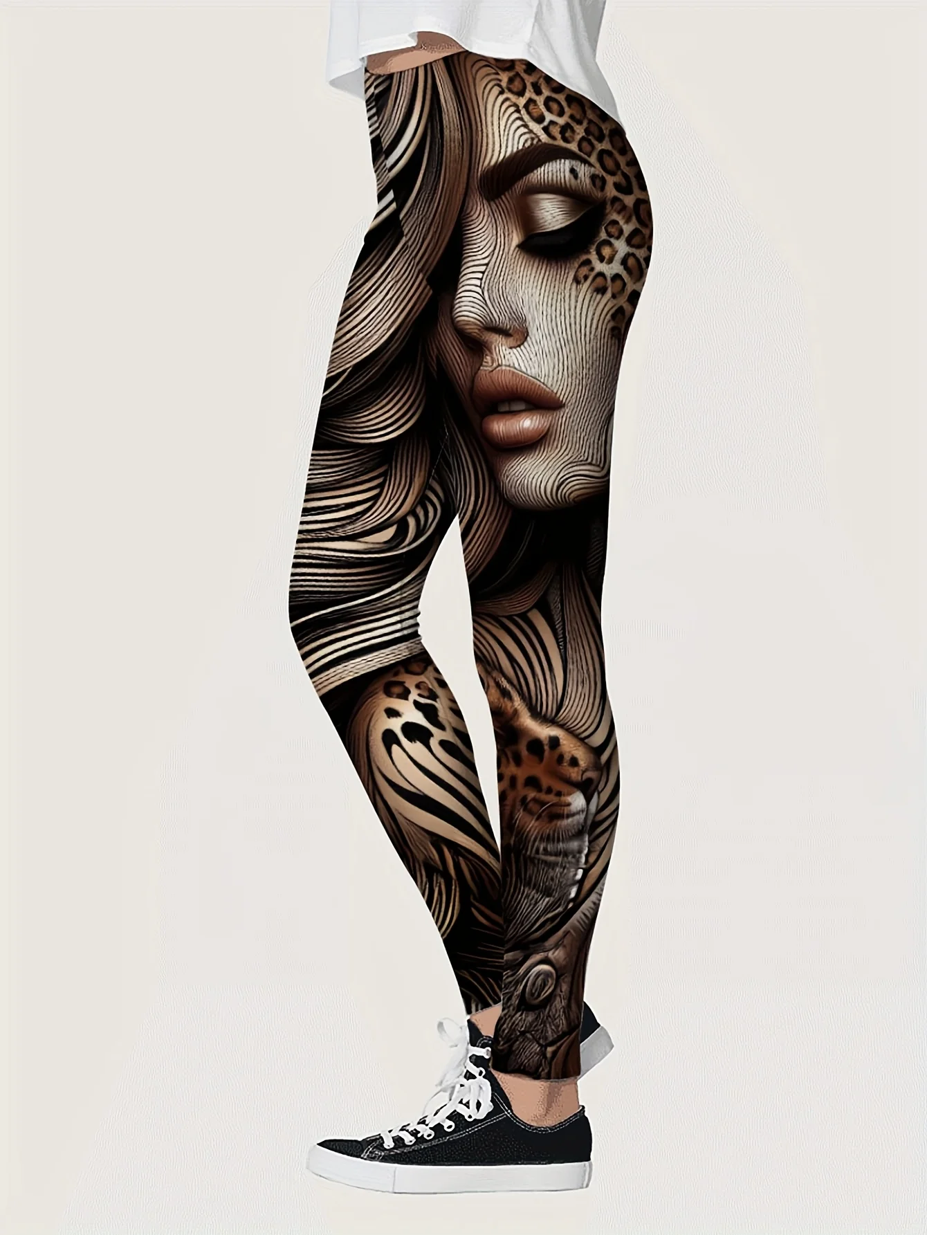 Women Mid Waist Fleece Lined Leggings Tribal Face Leopard Print Slim Fit Thermal Winter Pants